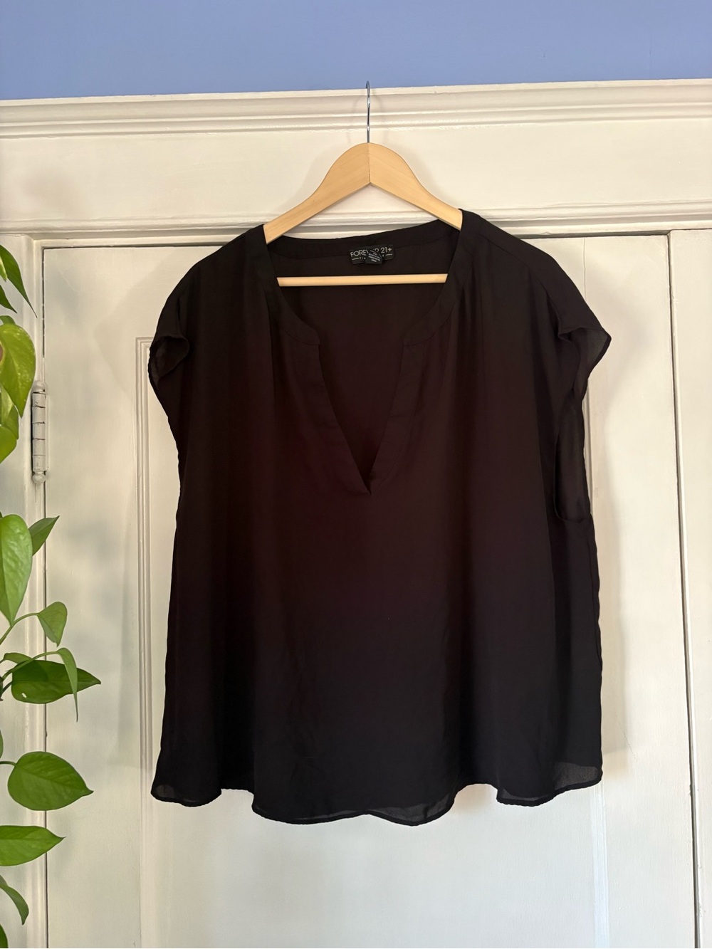 Forever 21+ Black V-Neck Cap Sleeve Blouse
